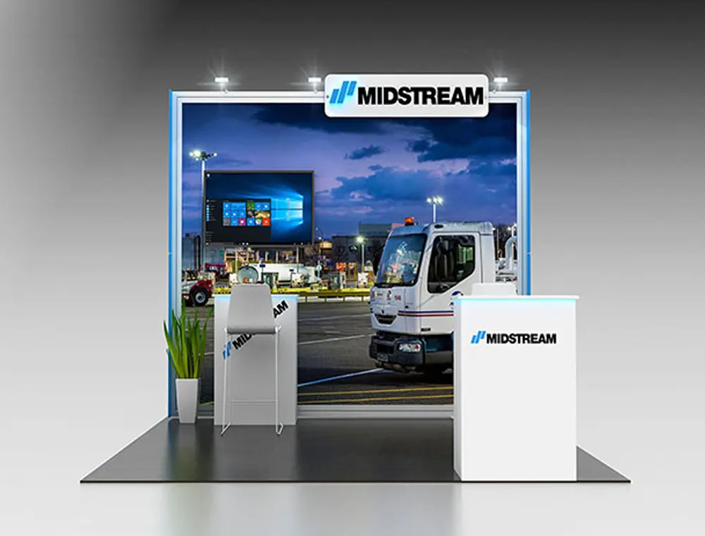 10x10 booth with reception desk and panels