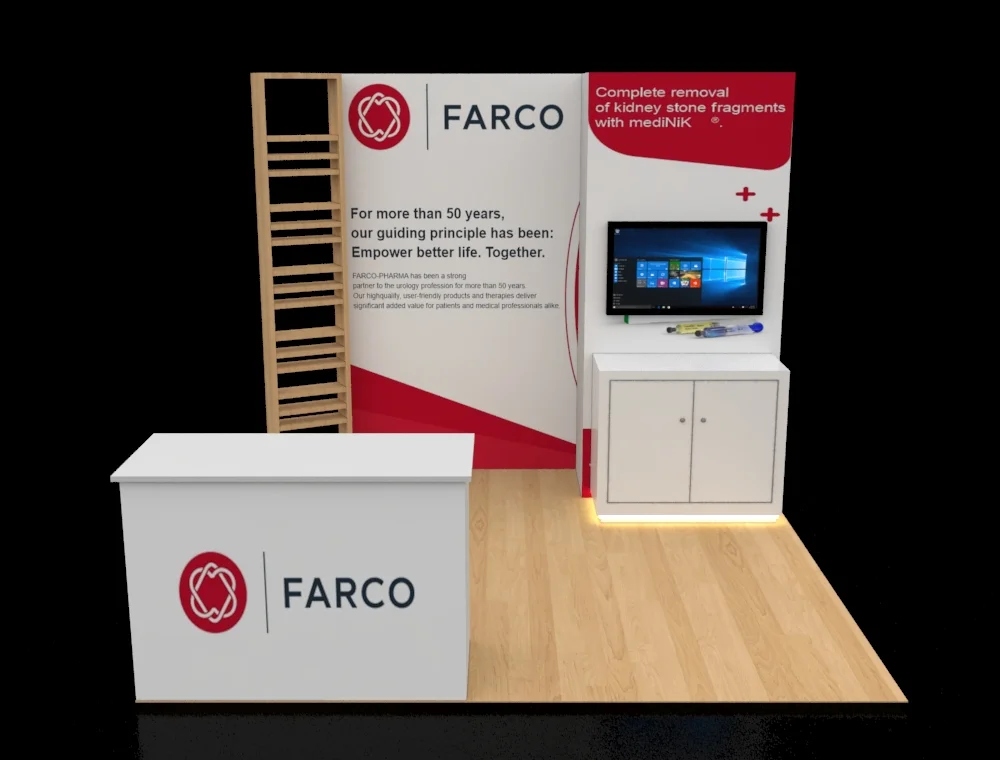 10x10 trade show booth with multimedia booth with dual counters & stools