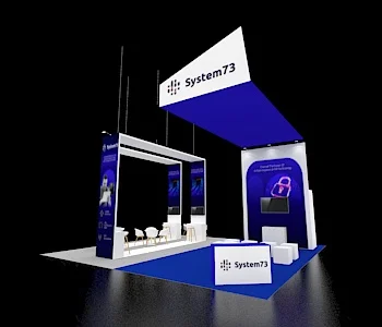 30x30 trade show booth with central reception, peripheral screens, and integrated Seating