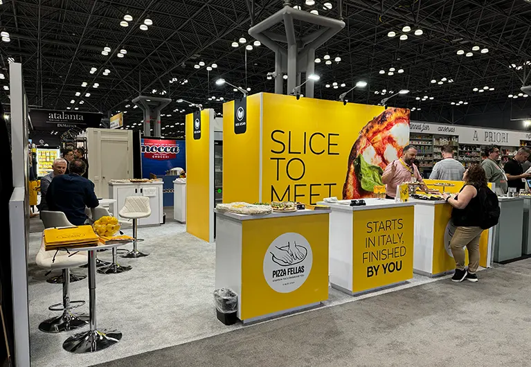 30x30 Trade Show Booth Rental in NYC at Summer Fancy Food 2024 for Pizza Fellas